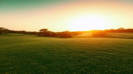 Naklejka premium Golf Tee Box at Sunrise with Golden Morning Light on Scenic Course Landscape
