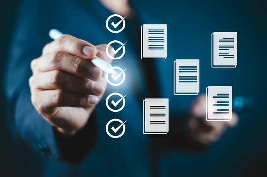Business professional completing a digital checklist with virtual documents, representing quality assurance, compliance, audit, workflow management, document verification, efficient business processes
