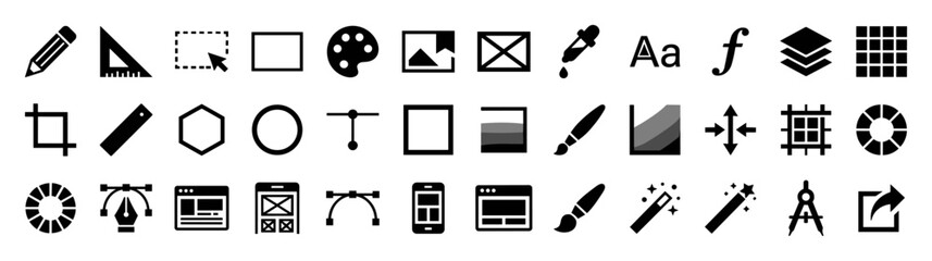 Set of black graphic design and editing icons including pencil, ruler, palette, crop, brush, selection, layers, grids, browser, vector points, magic wand, compass on transparent background © Yehor