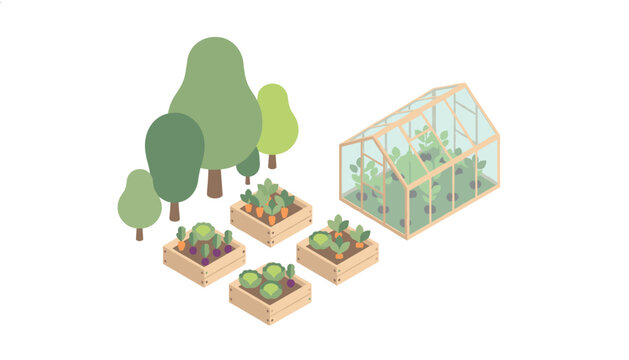 Isometric agricultural scene with a glass greenhouse and wooden vegetable planters filled with fresh produce.