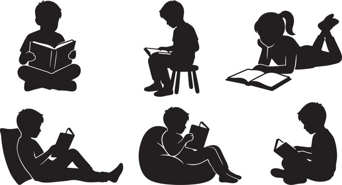 Children reading books silhouettes collection showing various poses and sitting positions in a simple black vector style