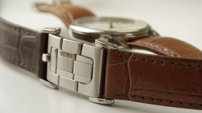 Close up of a wristwatch showcasing detailed leather strap and metal clasp