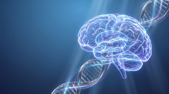 Glowing digital human brain model with double helix DNA strand floating on deep blue abstract tech background