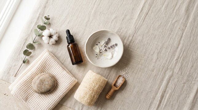 A serene flat lay of natural spa essentials including a loofah, essential oil, and sea salt on a linen surface for a holistic skincare routine.