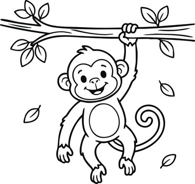 Playful monkey hanging from branch outline illustration for children's designs