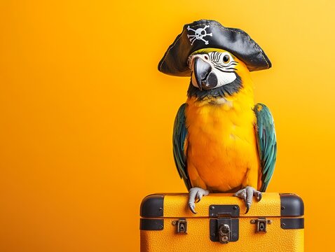 A yellow and blue macaw parrot wears a pirate hat and sits on a yellow chest against a yellow background
