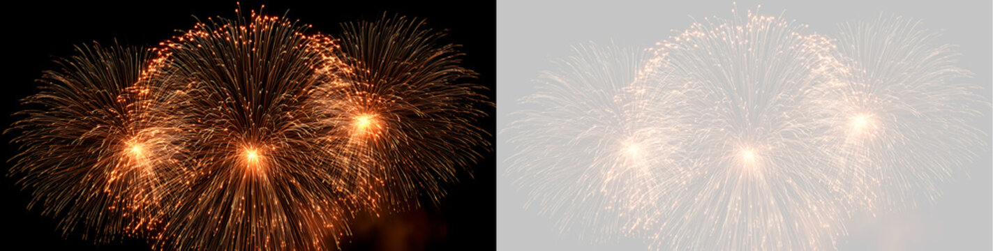 Triple golden firework explosion on transparent background. Festive celebration light effect