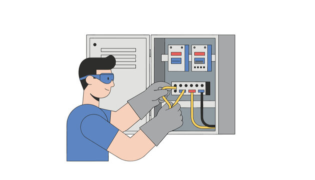 Professional technician with safety goggles and protective gloves working on an electrical power panel.