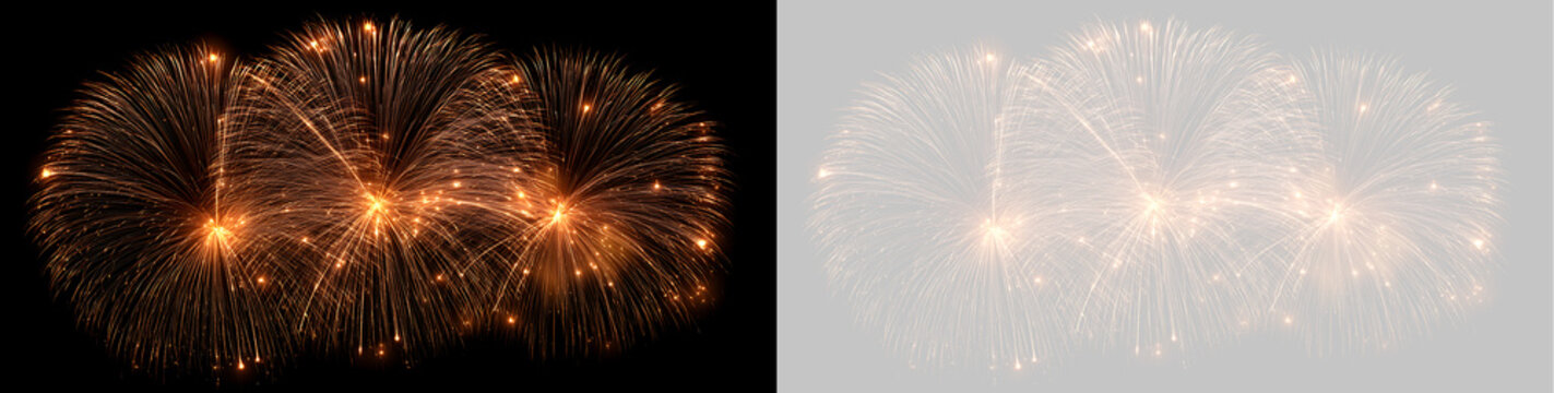 Golden firework explosion on black and transparent background. Festive pyrotechnic display for celebration