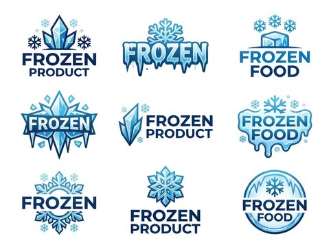 Frozen food product logos with snowflakes and ice crystals on labels