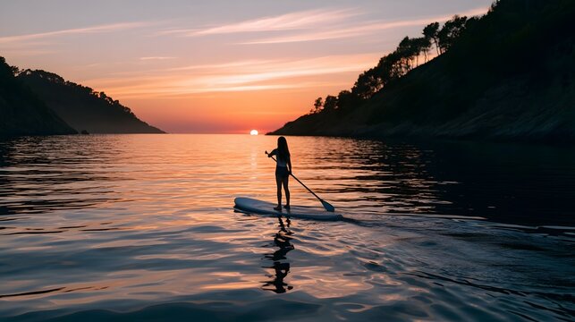 A person stands on a paddleboard in calm water as the sun sets behind distant hills  casting warm reflections across the surface