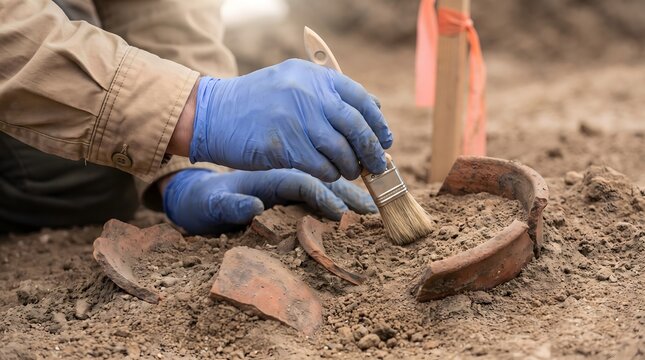 Archaeologist cleaning ancient pottery shards with brush at excavation site