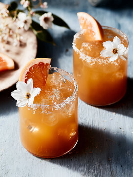 Paloma cocktails with tequila, fresh grapefruit juice, served in a salt-rimmed glass with ice and grapefruit wedge 
