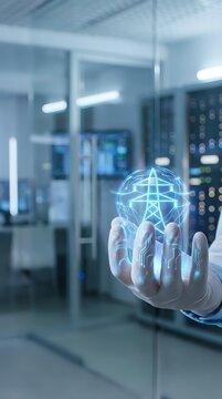 Hand holding glowing digital power grid network in modern server room, representing energy distribution, smart grid technology, and electrical infrastructure management.