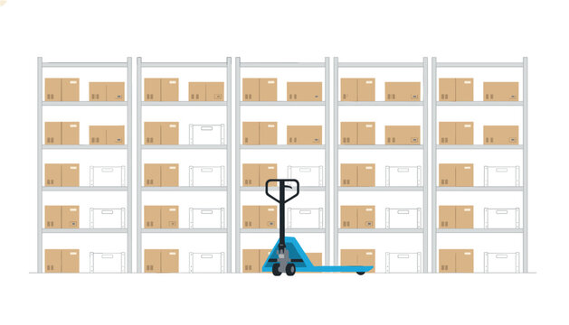 Warehouse storage racks filled with cardboard boxes and a manual pallet jack positioned in front for industrial logistics management.