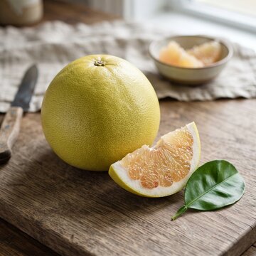 Fresh whole grapefruit and a slice with a green leaf on a wooden cutting board in a rustic kitchen