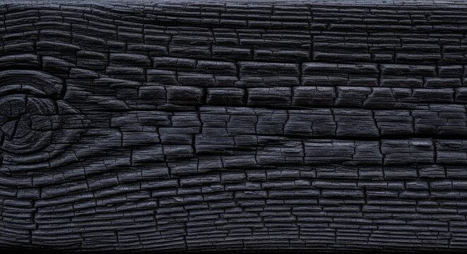 Charred black wood texture background showing deep cracks and burnt timber surface with carbonized scales of shou sugi ban cedar.