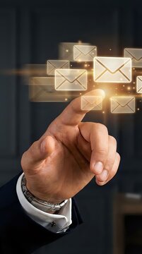 Businessman hand touching glowing email envelope icons floating in air, representing digital communication, messaging service, and electronic mail technology for business contact.