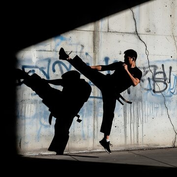 Athletic Martial Artist Practicing High Kick Beside Graffiti Concrete Wall