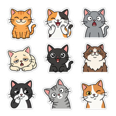 Fototapeta premium Cute cartoon cat sticker set showing different facial expressions