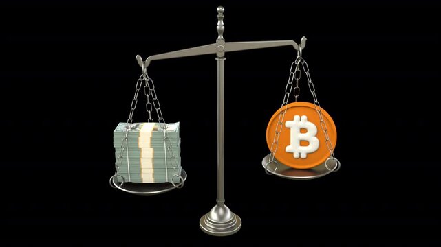 Bitcoin vs dollar stacks balance scale &ndash; 3d render looped with alpha channel.
