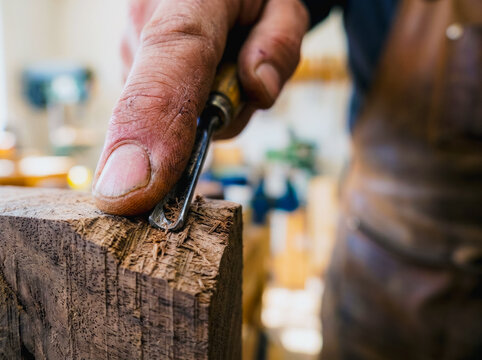 Woodworker carving wood with a gouge chisel