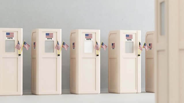 Private voting booths set up in a row with american flags for election day voting process