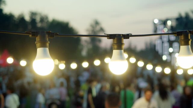 Close up shows glowing string lights above outdoor music festival with crowd blurred in background. Evening open air party creates warm festive atmosphere under decorative lighting.