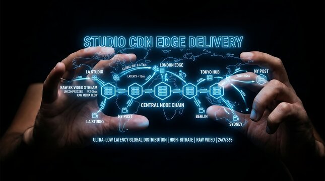 Futuristic Studio CDN Edge Delivery and Central Media Hub Interface.
