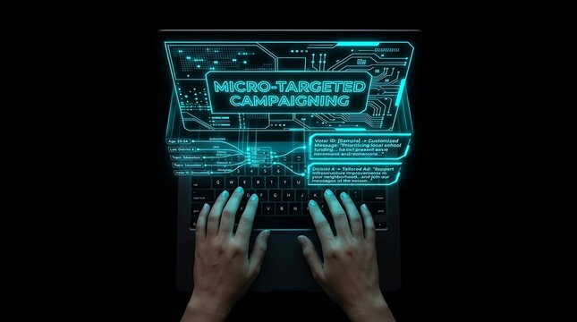 Futuristic micro targeted campaigning concept with hands typing on laptop and digital HUD interface.
