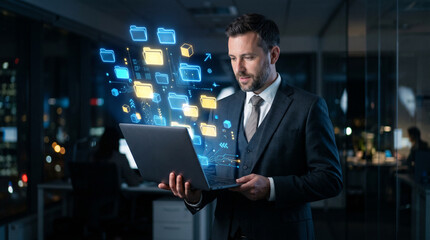 Fototapeta premium Businessman holding laptop with glowing cloud data and folder icons hologram.