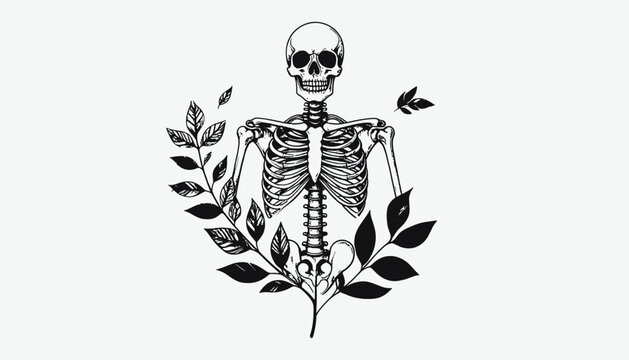 Skeleton with leaves and skull.