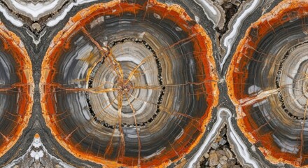 Obraz premium Stunning petrified wood cross section closeup showing detailed concentric growth rings in vibrant earthy colors for mineral decor.
