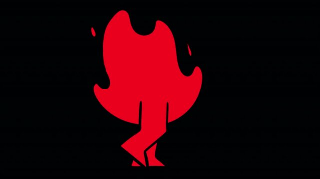 Dynamic 2D cartoon animation of red fire flame character with legs walking. Expressive hand-drawn walk cycle isolated on black background, symbolizing energy, heat, passion, spark and fast-paced motio