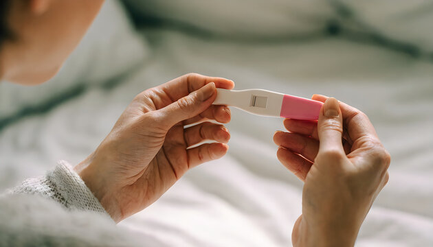 Woman holding home pregnancy test kit showing positive result in soft indoor lighting at bedroom area.