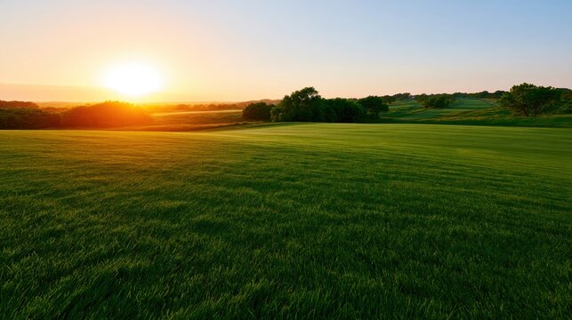 Golf Tee Box at Sunrise with Golden Morning Light on Scenic Course Landscape