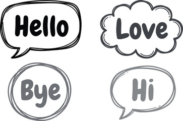 Hand drawn comic speech bubble set with text messages hello love bye and hi isolated on white background sketchy vector illustration element pack © M studio