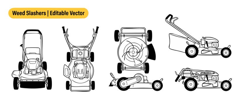 Lawn mower vector line art set featuring multiple technical viewpoints for landscaping equipment, weed slasher machine diagrams, grass cutter blueprint icons, and gardening maintenance tools outline.
