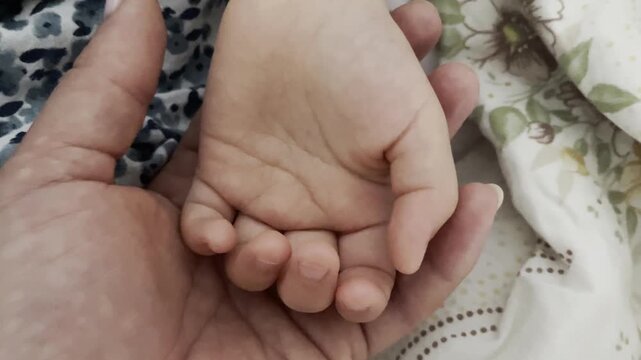 Close - up of a childs small hand in a parents big hand, concept of love, protection, and  parenting