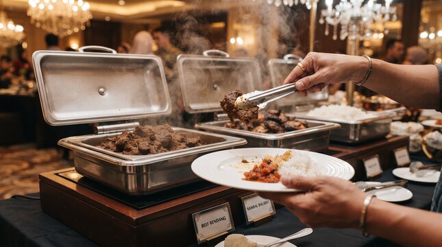 Guest serving beef rendang at buffet dinner. Elegant hands plating Indonesian spicy coconut curry at upscale catering event.
