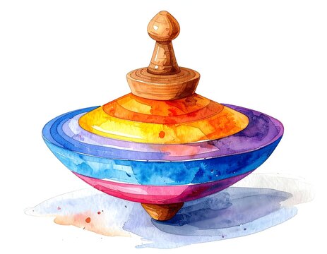 Watercolor spinning top toy in vibrant rainbow colors on white background