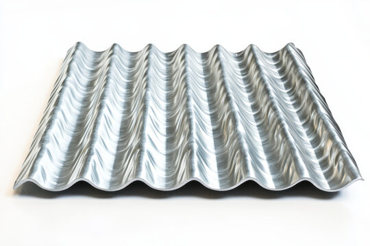 Galvanized steel corrugated sheet sample, silver metal roofing panel on white background