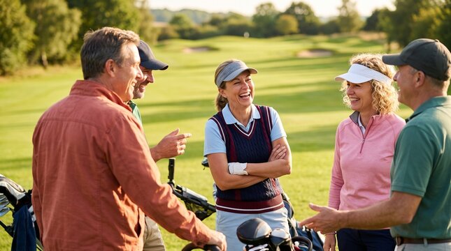 Group of five friends enjoying a social gathering on a sunny golf course, laughing and chatting.