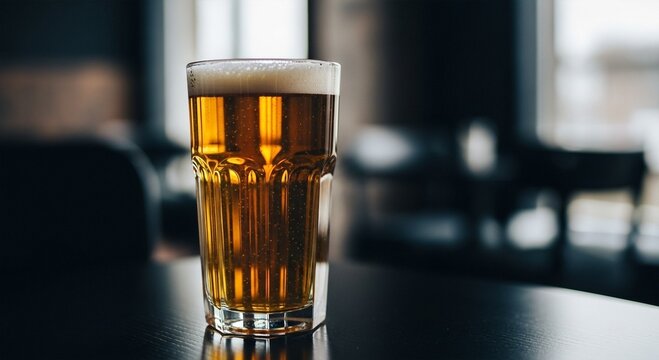 Amber Ale Glass with Frothy Head on Dark Table, Soft Focus Background