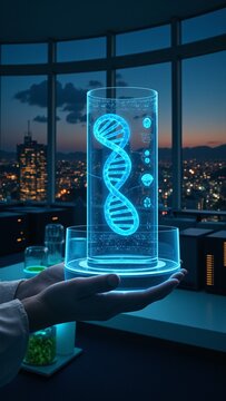 Biotech Scientist Analyzing Glowing DNA Helix