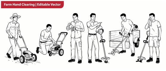 Obraz premium Gardener lawn mower vector set of landscaping workers in line art style operating grass trimmers, fixing equipment, clearing fields, and working on farm yards showing active outdoor maintenance.