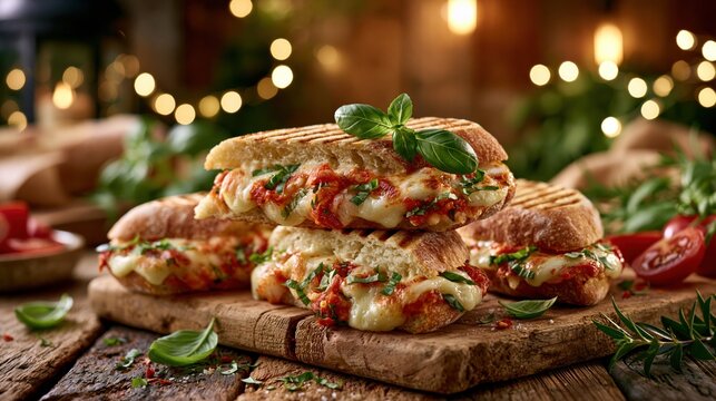 National Panini Month:  banner photograph, panini sandwiches with melted cheese and fresh basil arranged at the bottom of frame, wide open negative space at the top for headline text