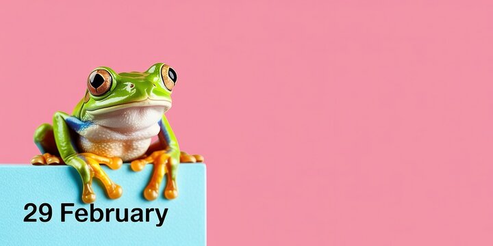A red-eyed tree frog sitting on a blue block with the text 29 February