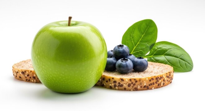 A green apple with a slice of bread and blueberries on a white background.