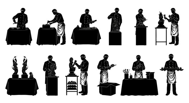 Professional silhouette icon set featuring ten artisan ceramic tile painters at work in a studio